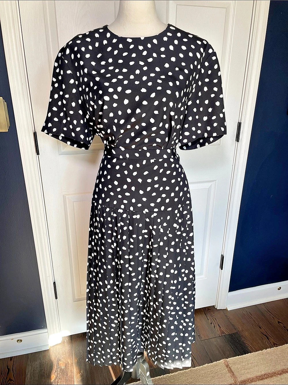 VTG Le Suit 2 Piece Skirt Set Dress Black White Abstract Brushstroke Dot Pleated